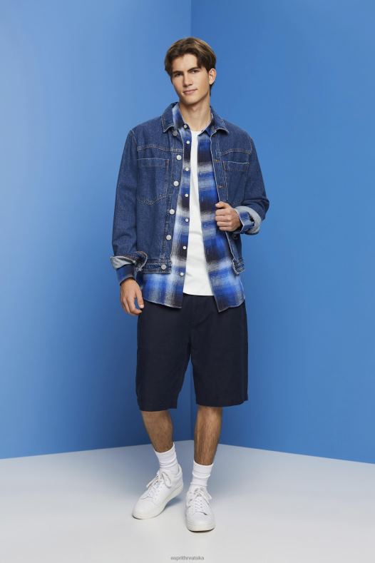 Esprit muškarci karirana tartan košulja od mješavine pamuka i konoplje plava košulje A48RT715