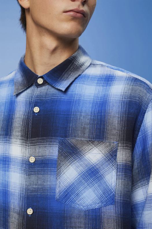 Esprit muškarci karirana tartan košulja od mješavine pamuka i konoplje plava košulje A48RT715