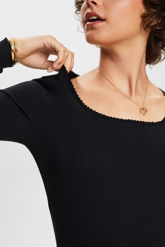 Esprit žene rebrasti gornji dio dugih rukava crno dugi rukav A48RT88