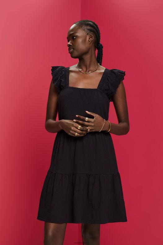 Esprit žene haljina od žerseja s izvezenim čipkastim rukavima crno haljine A48RT59