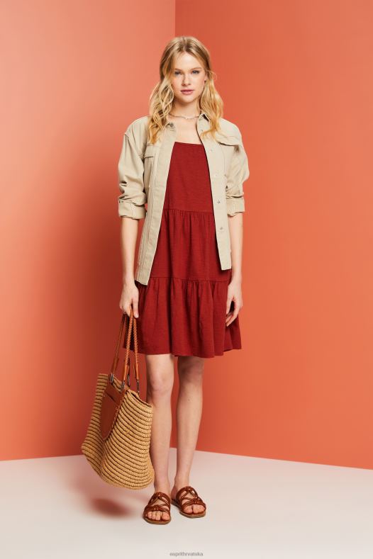 Esprit žene haljina od žerseja s izvezenim čipkastim rukavima terakota haljine A48RT60