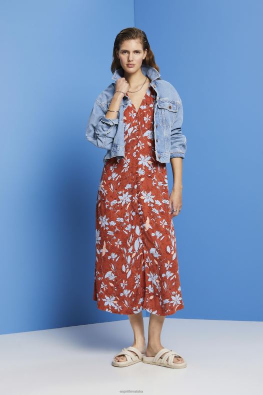 Esprit žene midi haljina s cijelim uzorkom koraljno narančasta haljine A48RT188