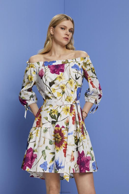 Esprit žene mini haljina s otvorenim ramenima s uzorkom bijela haljine A48RT178