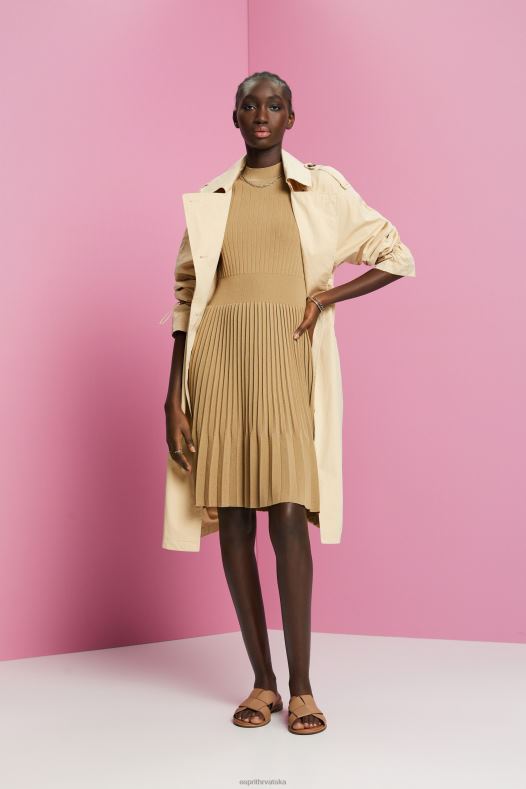 Esprit žene mockneck plisirana midi haljina s kratkim rukavima kaki bež haljine A48RT119