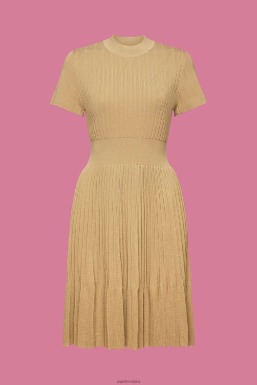 Esprit žene mockneck plisirana midi haljina s kratkim rukavima kaki bež haljine A48RT119