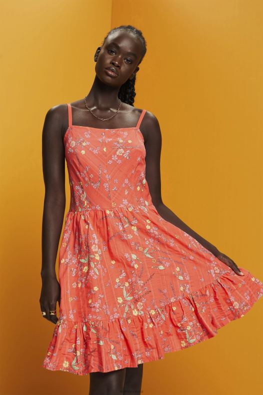 Esprit žene pamučna haljina s cvjetnim printom do koljena koraljno narančasta haljine A48RT190