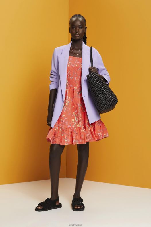 Esprit žene pamučna haljina s cvjetnim printom do koljena koraljno narančasta haljine A48RT190