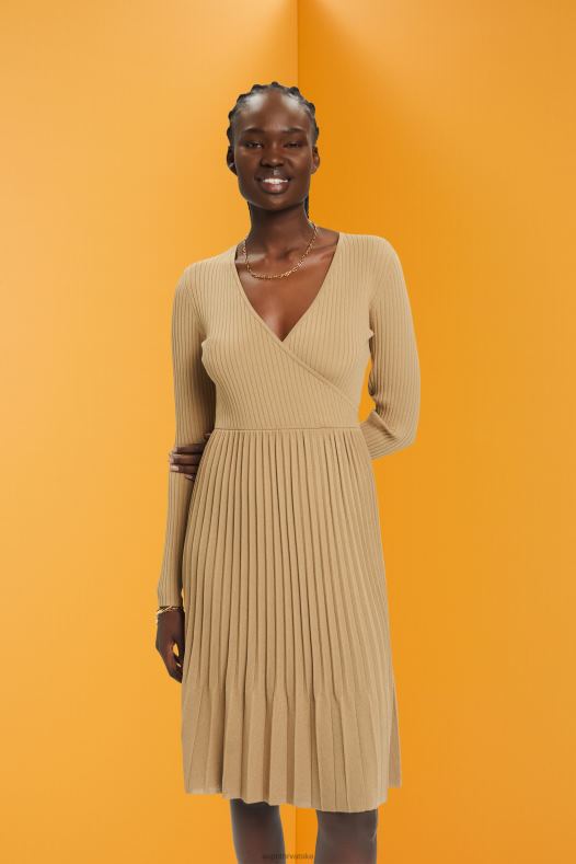 Esprit žene plisirana haljina s dugim rukavima kaki bež haljine A48RT126