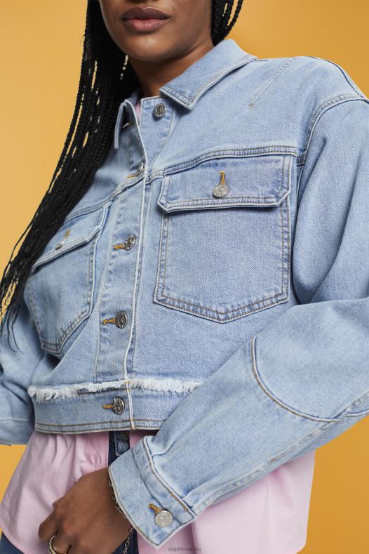 Esprit žene skraćena traper jakna s pohabanim rubom plavo svjetlo pranje jakne A48RT312