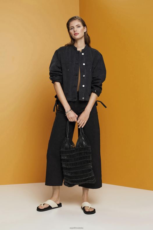 Esprit žene traper jakna bez ovratnika s vezicama crno srednje pranje jakne A48RT297