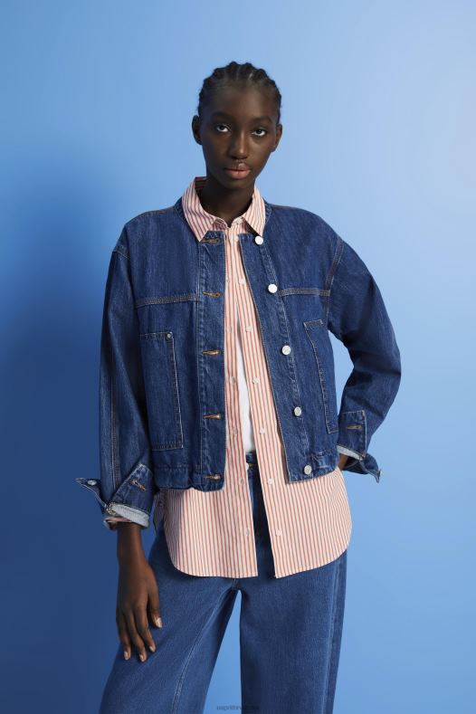 Esprit žene traper jakna bez ovratnika s vezicama plavo tamno pranje jakne A48RT298