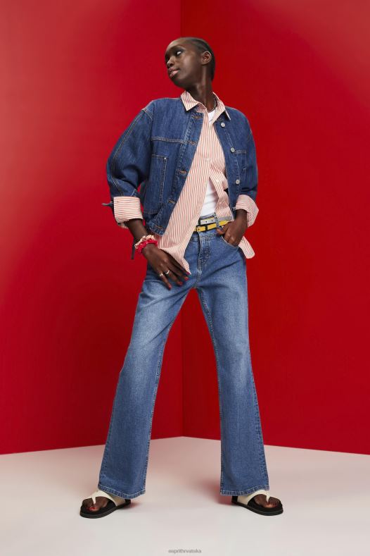 Esprit žene traper jakna bez ovratnika s vezicama plavo tamno pranje jakne A48RT298