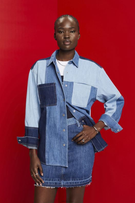 Esprit žene patchwork jeans košulja, mješavina pamuka plavo svjetlo pranje košulje A48RT257