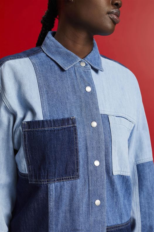 Esprit žene patchwork jeans košulja, mješavina pamuka plavo svjetlo pranje košulje A48RT257