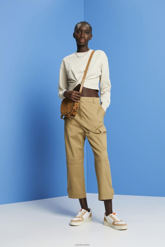 Esprit žene skraćena majica s detaljima čvorova svijetlo taupe majice i majice s kapuljačom A48RT218