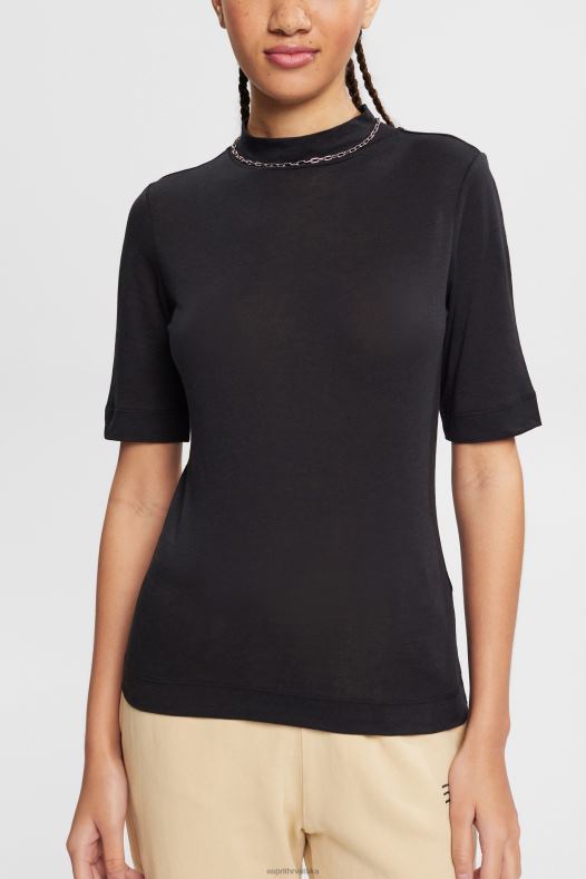 Esprit žene majica kratkih rukava s ovratnikom, tencel crno majice kratkih rukava A48RT374