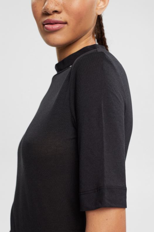 Esprit žene majica kratkih rukava s ovratnikom, tencel crno majice kratkih rukava A48RT374