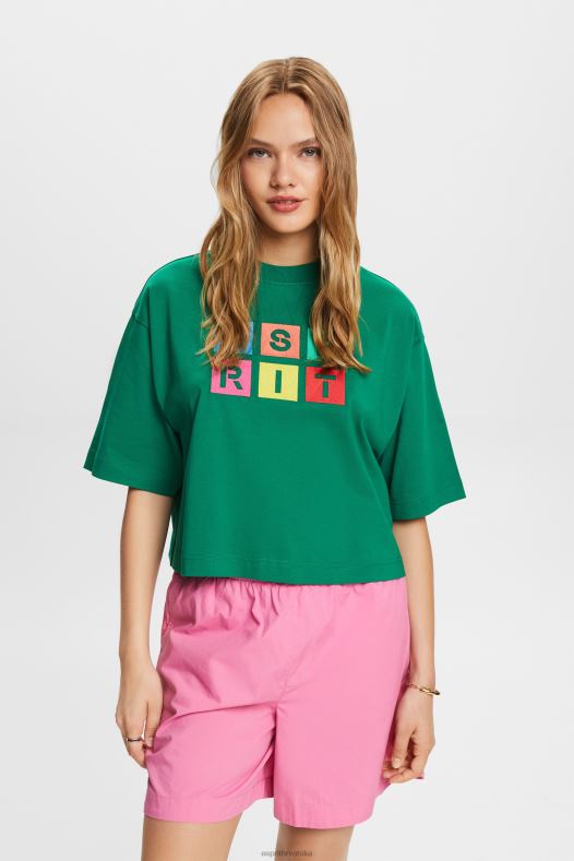 Esprit žene majica s izvezenim logom, 100% pamuk tamnozelene majice kratkih rukava A48RT15