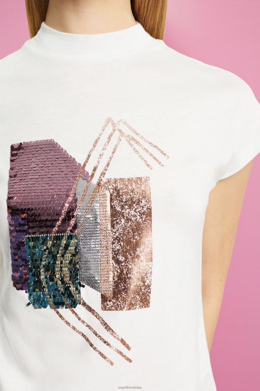 Esprit žene majica sa šljokicama, tencel prljavo bijelo majice kratkih rukava A48RT399