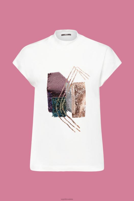 Esprit žene majica sa šljokicama, tencel prljavo bijelo majice kratkih rukava A48RT399