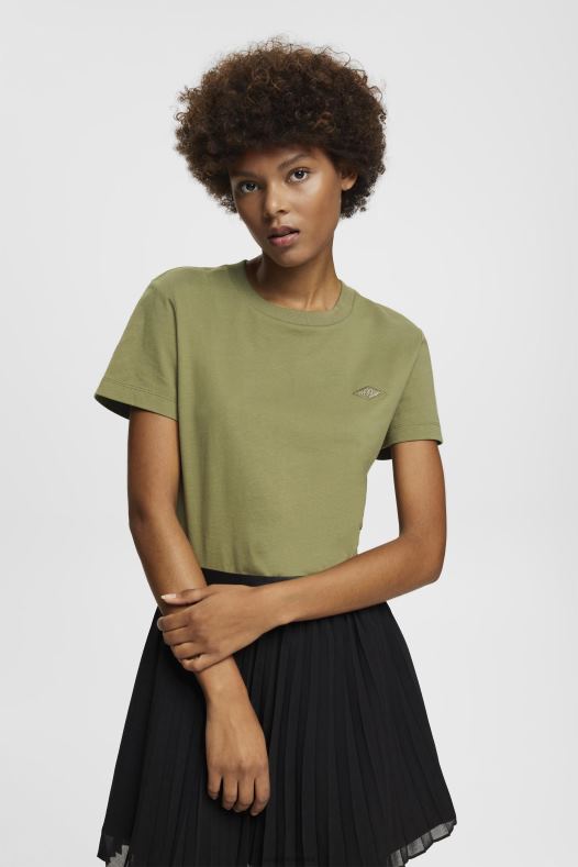 Esprit žene pamučna majica s izvezenim logom maslina majice kratkih rukava A48RT149
