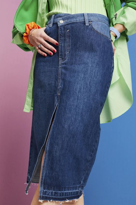 Esprit žene midi suknja s asimetričnim pojasom plavo tamno pranje suknje A48RT209