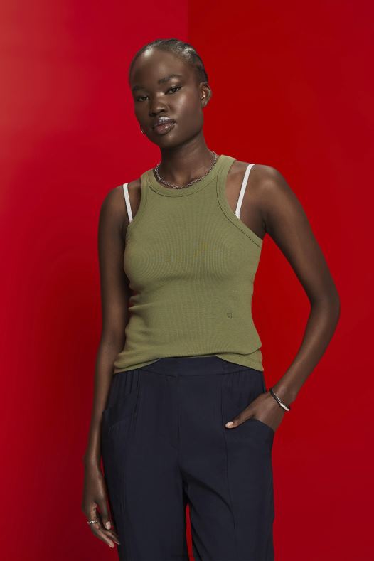 Esprit žene rebrasta majica bez rukava maslina tenk A48RT283