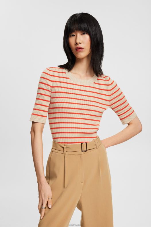 Esprit žene rebrasti džemper kratkih rukava svijetlo taupe veste A48RT317