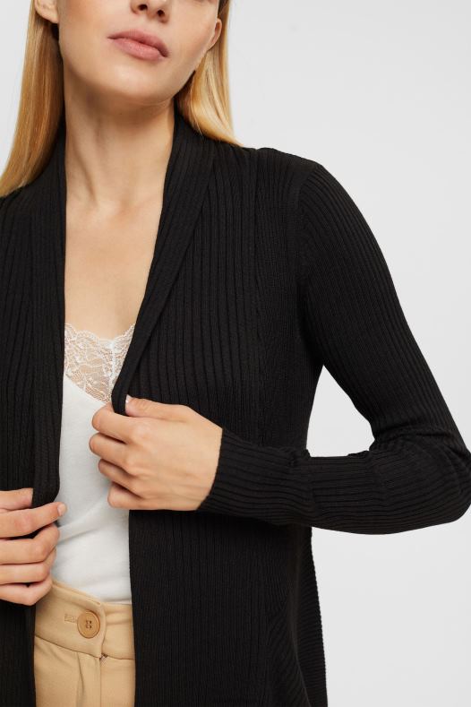Esprit žene reciklirano: rebrasti kardigan s rubom rupčića crno veste A48RT23