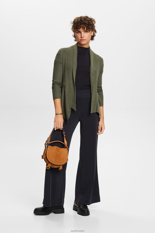 Esprit žene reciklirano: rebrasti kardigan s rubom rupčića kaki zelena veste A48RT24