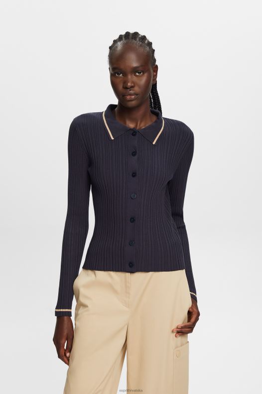 Esprit žene sprijeda pleteni polo top s gumbima petrolej plava veste A48RT22